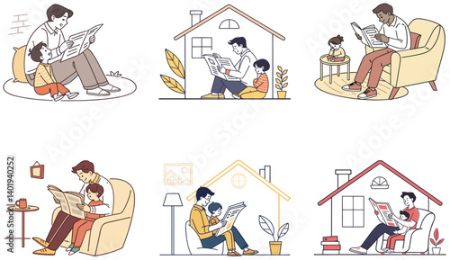Flat Illustration of Family Bonding Moments with Mom, Dad, and Children.