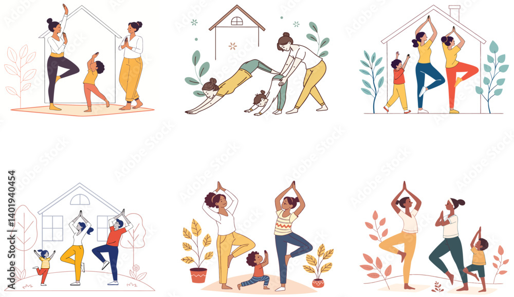 Fototapeta premium Flat Illustration of Family Bonding Moments with Mom, Dad, and Children.