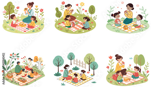 Flat Illustration of Family Bonding Moments with Mom, Dad, and Children.