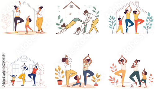 Flat Illustration of Family Bonding Moments with Mom, Dad, and Children.