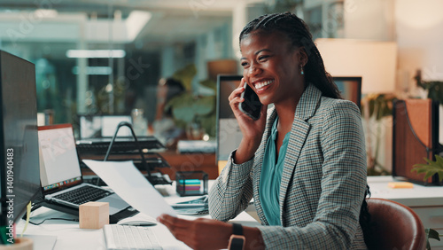 Fotografie Documents, phone call and smile of business black woman in office for administration or update