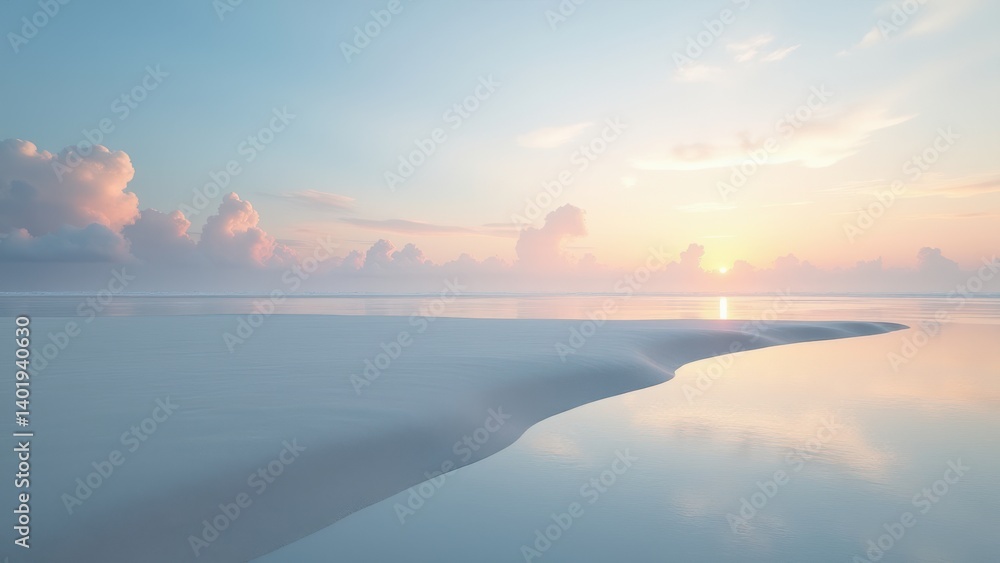 Empty sandy beach with gentle waves and pastel sunset light over the ocean Empty sandy beach with gentle waves and pastel sunset light over the ocean