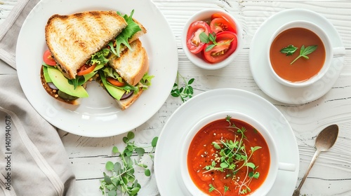 Healthy vegetarian brunch featuring soup and avocado sandwiches, showcasing fresh and wholesome ingredients.