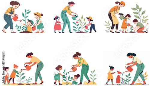 Flat Illustration of Family Bonding Moments with Mom, Dad, and Children.