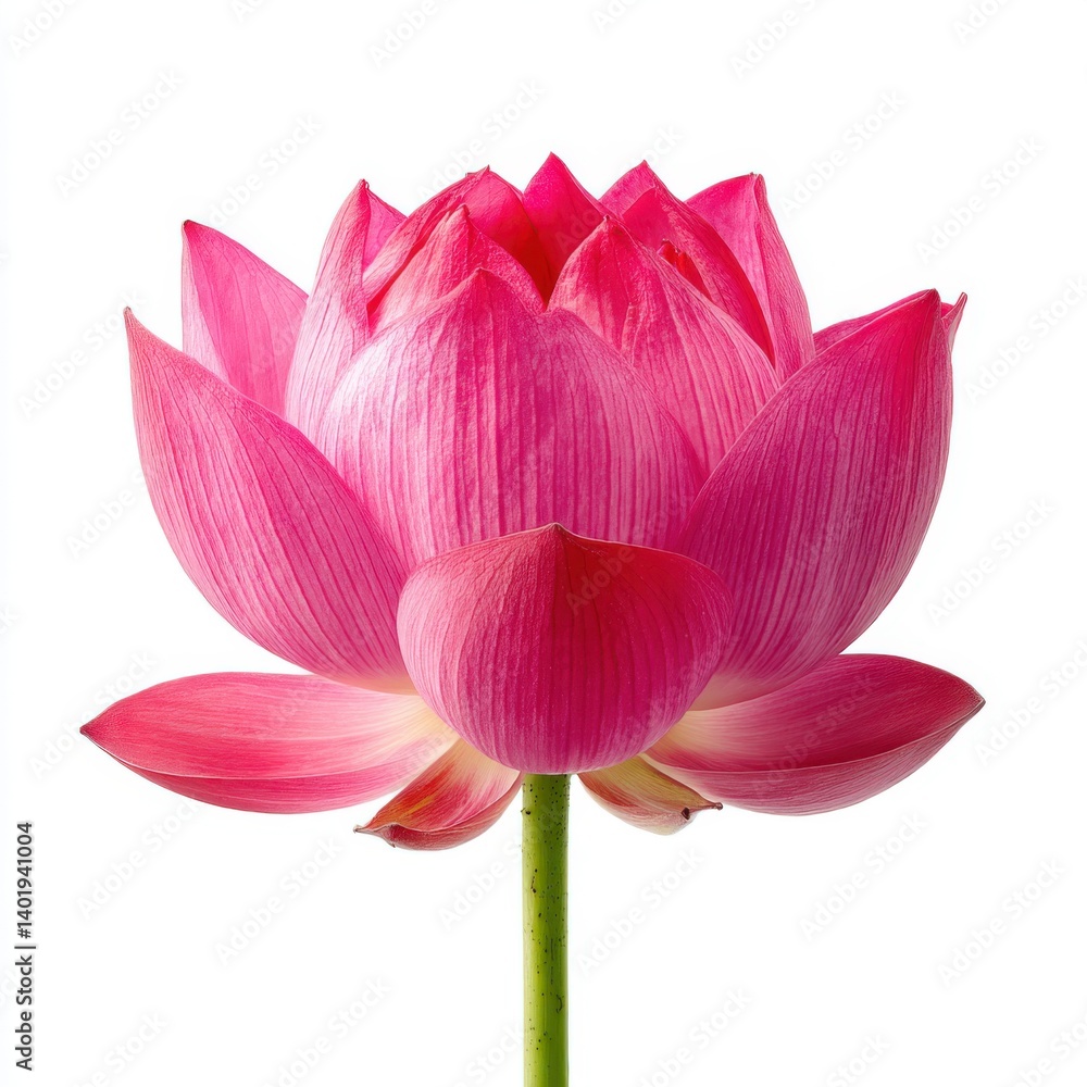 Close view of a vibrant pink lotus flower against isolated on white background Close view of a vibrant pink lotus flower against isolated on white background