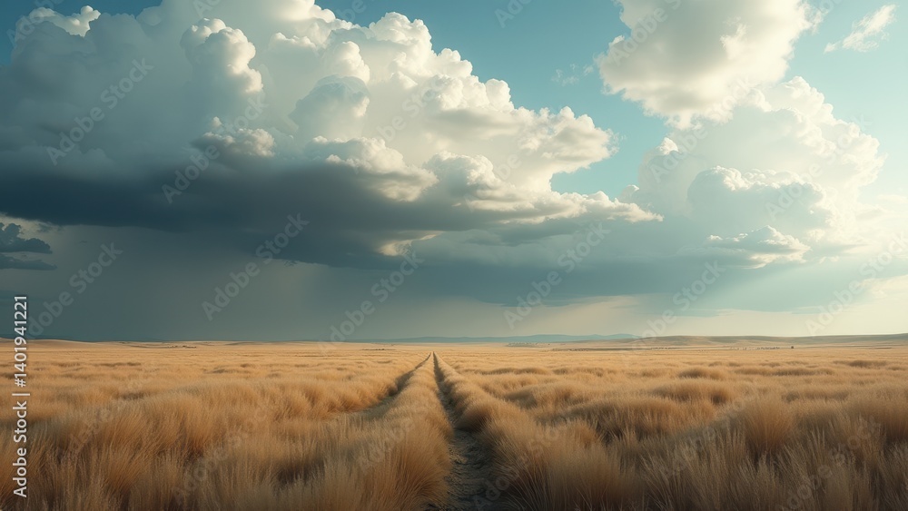 Fototapeta premium Vast open grassland under dramatic sky with sun rays breaking through clouds