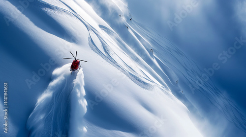Aerial View of Red Helicopter in Snowy Mountain with Skiers Carving Tracks photo