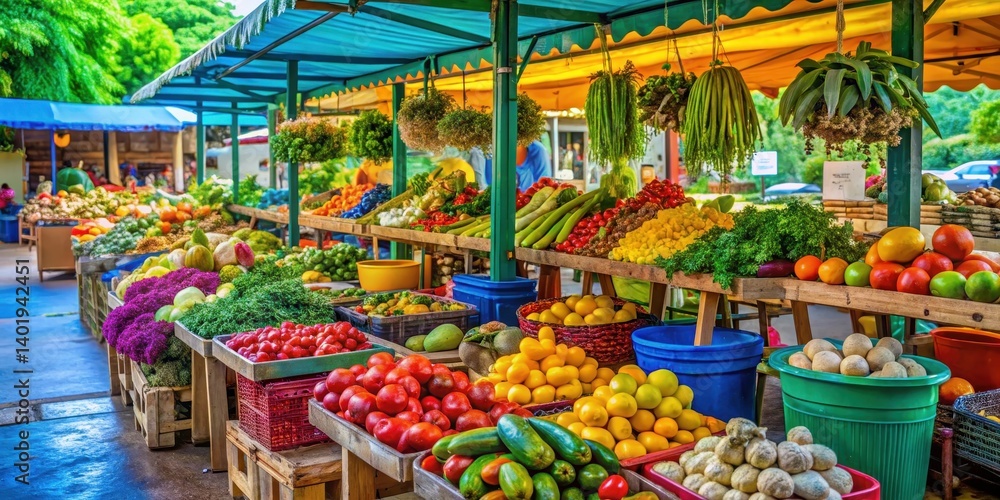 Fototapeta premium Vibrant farmers market in Puerto Rico with colorful fresh produce and local goods , market day, agriculture