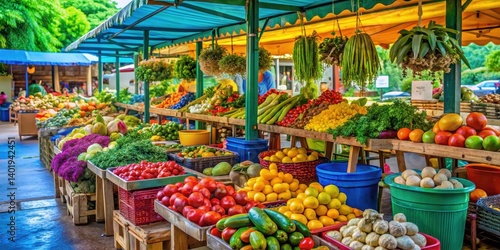 Vibrant farmers market in Puerto Rico with colorful fresh produce and local goods , market day, agriculture