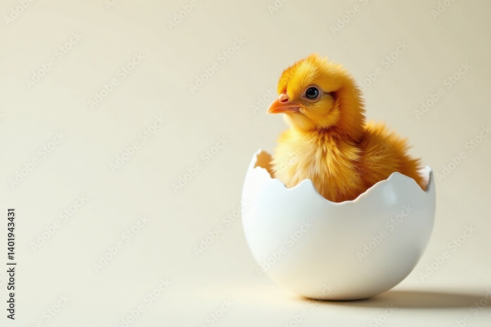 Adorable little chicken emerging from a pristine white egg , hatching, chick, chicken
