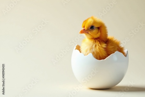 Obraz na płótnie Adorable little chicken emerging from a pristine white egg , hatching, chick, chicken w salonie