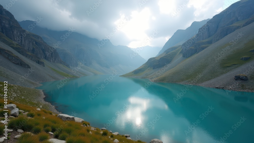 Remote turquoise mountain lake surrounded by steep cliffs and cloudy sky Remote turquoise mountain lake surrounded by steep cliffs and cloudy sky