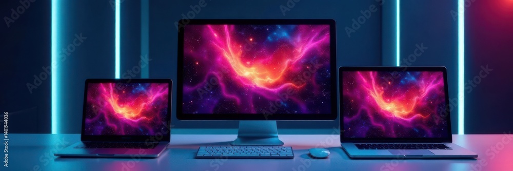 Sleek responsive web design with multiple screens and devices in a futuristic setting, device integration, web technology Sleek responsive web design with multiple screens and devices in a futuristic setting, device integration, web technology