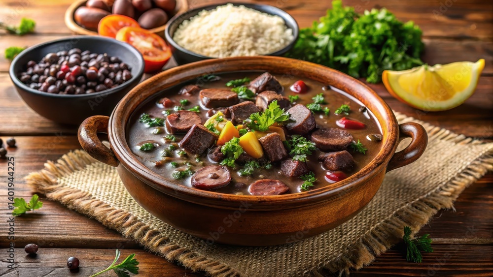 Hearty traditional Brazilian feijoada stew with black beans and various meats in a rich broth, rich broth, cultural cuisine Hearty traditional Brazilian feijoada stew with black beans and various meats in a rich broth, rich broth, cultural cuisine
