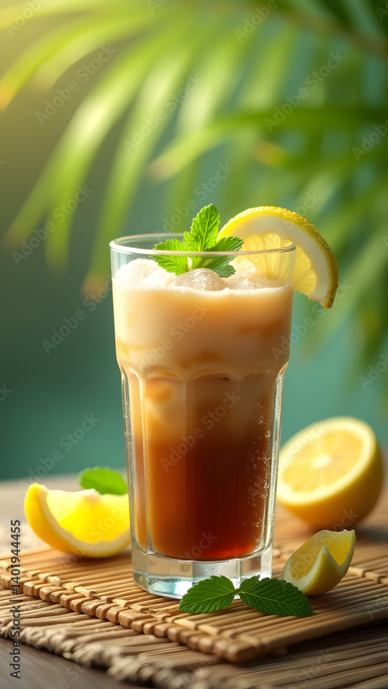 Iced coffee glass with lemon and mint on bamboo. Condensation drips. Sunlit rattan with palms. Iced coffee glass with lemon and mint on bamboo. Condensation drips. Sunlit rattan with palms.