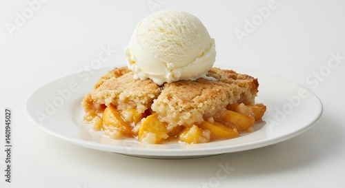 Peach cobbler dessert with vanilla ice cream