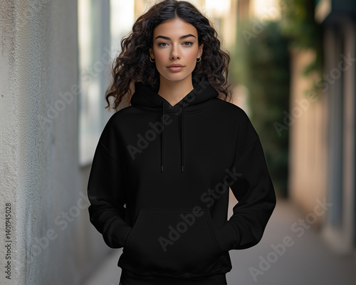 Eye-level medium shot of a young woman with long, curly dark hair wearing a plain black hooded sweatshirt. The hoodie is a simple design with a kangaroo pocket.  The woman's expression is neutral and