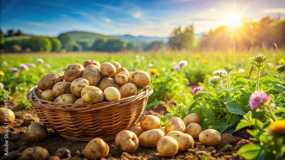 Freshly harvested organic potatoes in a field on a sunny day with lush greenery and vibrant wildflowers surrounding them , nature, agriculture Freshly harvested organic potatoes in a field on a sunny day with lush greenery and vibrant wildflowers surrounding them , nature, agriculture