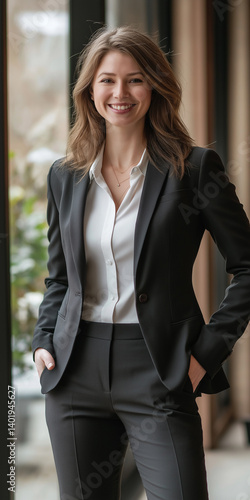 The image is a close-up shot of a woman from the chest up.  She is wearing a dark-colored, possibly charcoal gray or black, business suit jacket over a crisp white collared shirt.  The focus is sharp