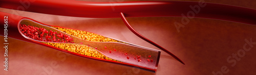 Hyperlipidemia or arteriosclerosis. Blocked artery concept and human blood vessel as a disease with cholesterol fat buildup clogging. Clogged arteries, Cholesterol plaque in the artery. 3D Rendering