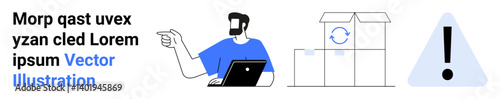 Man with laptop pointing, cardboard box with recycling symbol, caution triangle. Ideal for sustainability, recycling, e-commerce, warnings, eco initiatives, awareness campaigns flat landing page