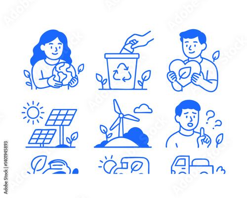 bio energy doodle cartoon drawing vector illustration set with Varied Poses and Expressions
