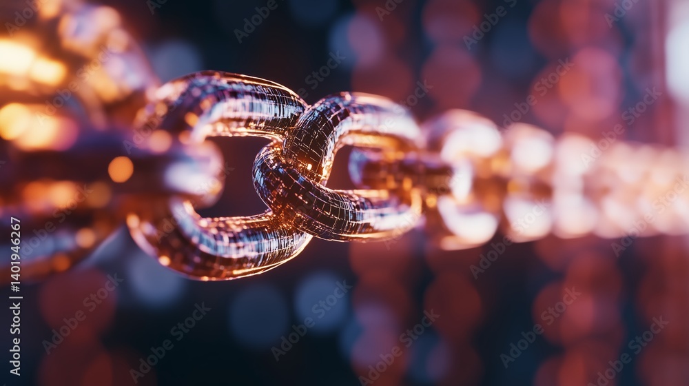 Close-up view of a glowing chain link illuminated by colorful lights in a dark setting Close-up view of a glowing chain link illuminated by colorful lights in a dark setting