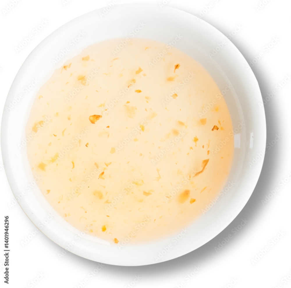 A small white bowl containing a light-colored liquid with floating particles, likely a sauce or dressing. A small white bowl containing a light-colored liquid with floating particles, likely a sauce or dressing.