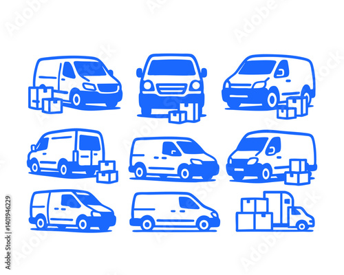 delivery van doodle cartoon drawing vector illustration set with Varied Poses and Expressions
