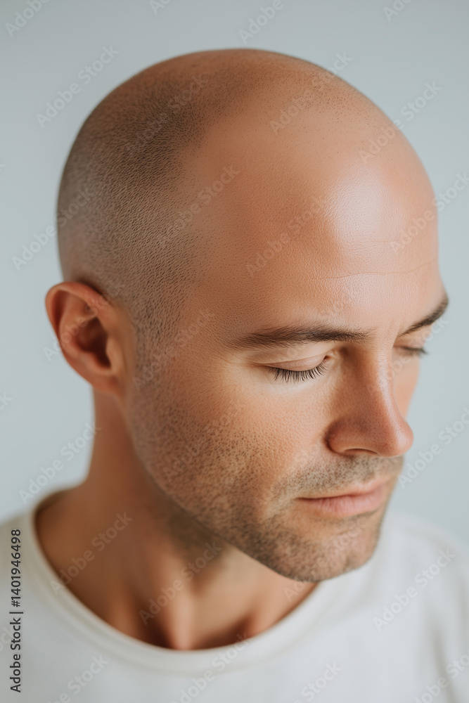 Obraz premium Close-up portrait of a pensive young man, 30s, with eyes closed, showcasing subtle facial expressions of contemplation, peace, or introspection; high-resolution image ideal for concepts of mindfulness