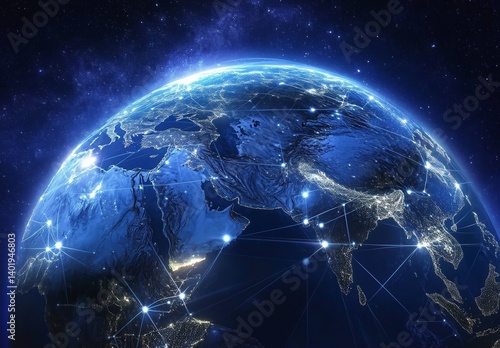 High-Resolution Digital Illustration of Earth with Global Network Connections and Middle East Silhouette on a Starry Dark Blue Background, Representing Cybersecurity and Connectivity