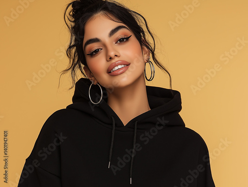 Close-up studio shot of a young woman with dark, wavy hair styled in a bun. She is wearing a black hoodie and large silver hoop earrings. Her makeup includes defined eyeliner and lip gloss. The