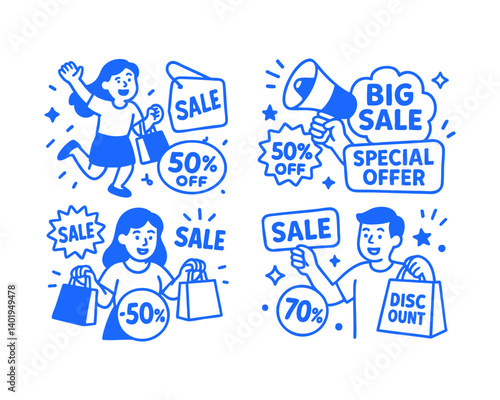 sale promo discount doodle cartoon drawing vector illustration set with Varied Poses and Expressions
