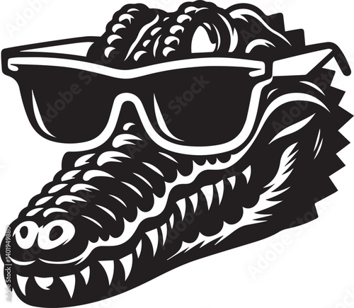 head of crocodile and sunglass illustration, head of crocodile and sunglass head silhouette vector isolated on white background
