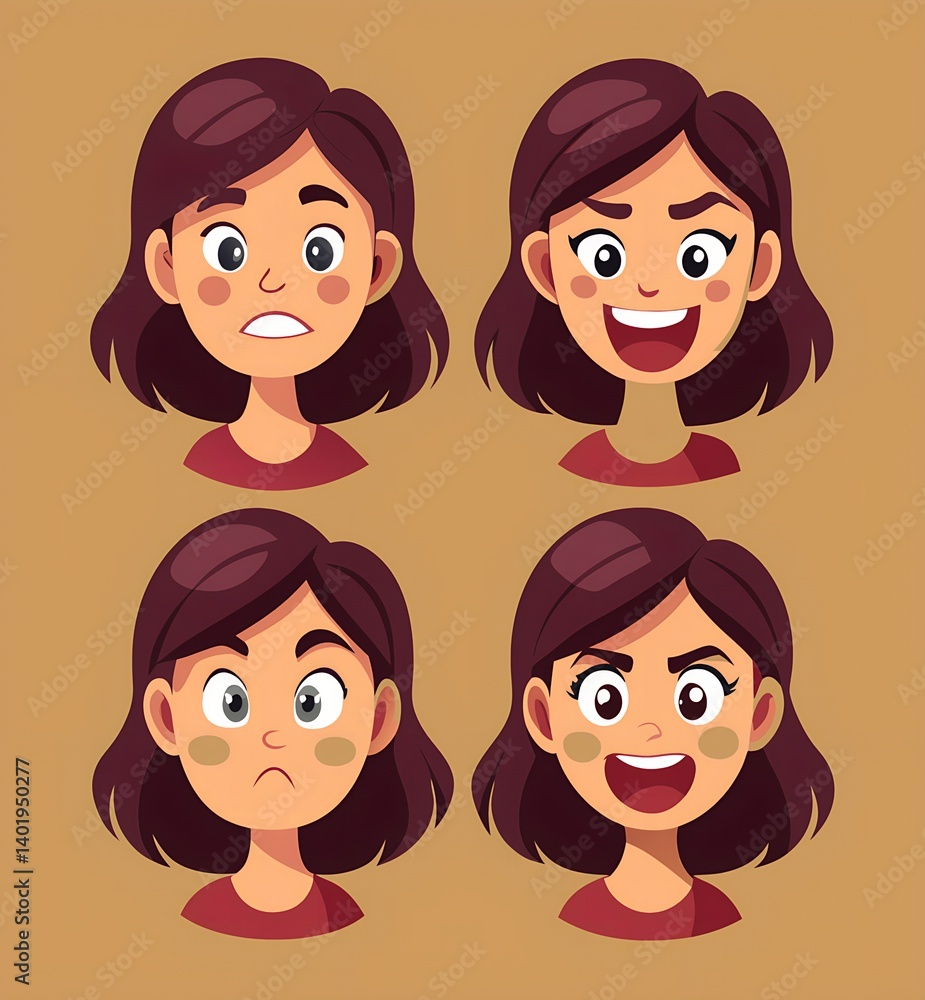 Cartoon Woman Facial Expressions with Various Emotions Cartoon Woman Facial Expressions with Various Emotions
