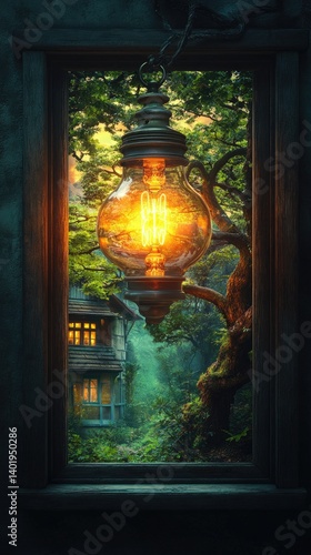 Illuminating light of the bulb with view of foliage and house behind the wooden frame