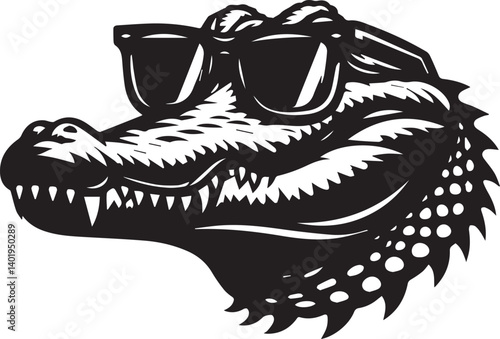 head of crocodile and sunglass illustration, head of crocodile and sunglass head silhouette vector isolated on white background