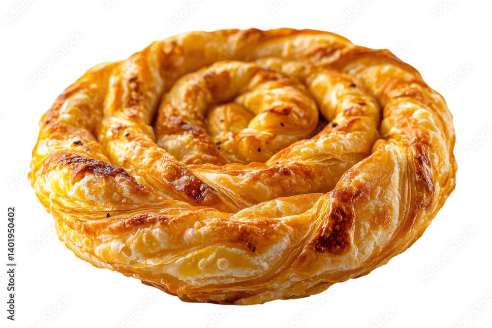 Fototapeta premium Golden spiral pastry a flaky delight baked to perfection rich warm tones isolated on black
