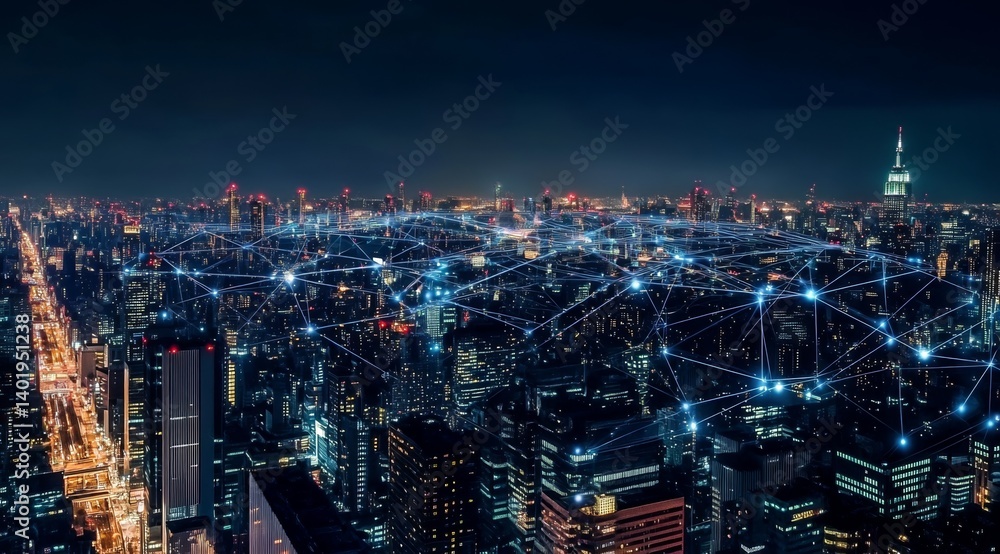 Fototapeta premium Wide Night Cityscape with Glowing Network Connections Representing Smart Urban Technology and Global Communication