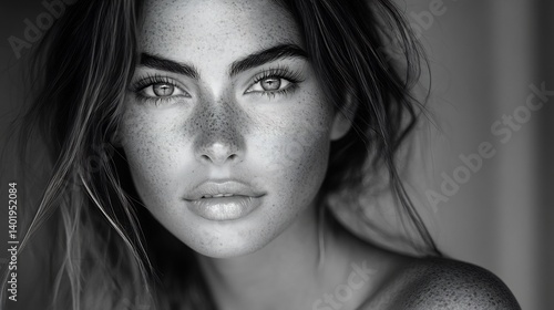 Black  White Woman Portrait with Freckles, and Beauty.