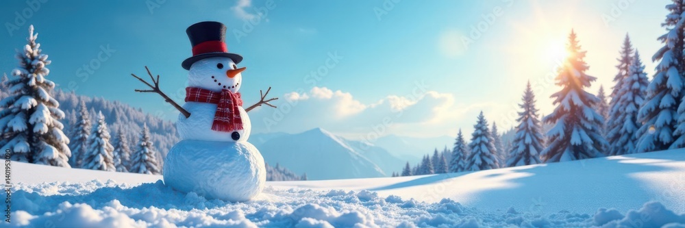Snowman standing alone in a vast snowy landscape with a bright blue sky and sun, set against a backdrop of tall evergreen trees, snowman, snowflakes Snowman standing alone in a vast snowy landscape with a bright blue sky and sun, set against a backdrop of tall evergreen trees, snowman, snowflakes