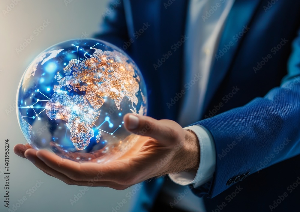 Businessman Interacting with Digital World Map and Global Network Businessman Interacting with Digital World Map and Global Network
