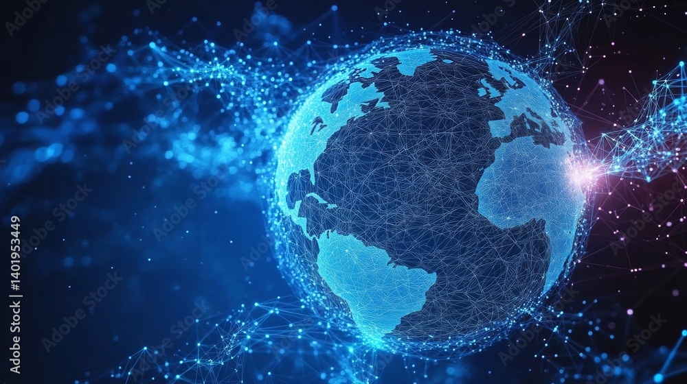Fototapeta premium Glowing Digital Network and Globe on Abstract Blue Background