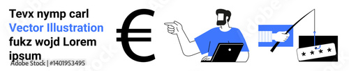 Euro symbol, man pointing while using laptop, hand fishing for a five-star badge. Ideal for finance, e-commerce, product rating, consulting, online strategy, business development flat landing page