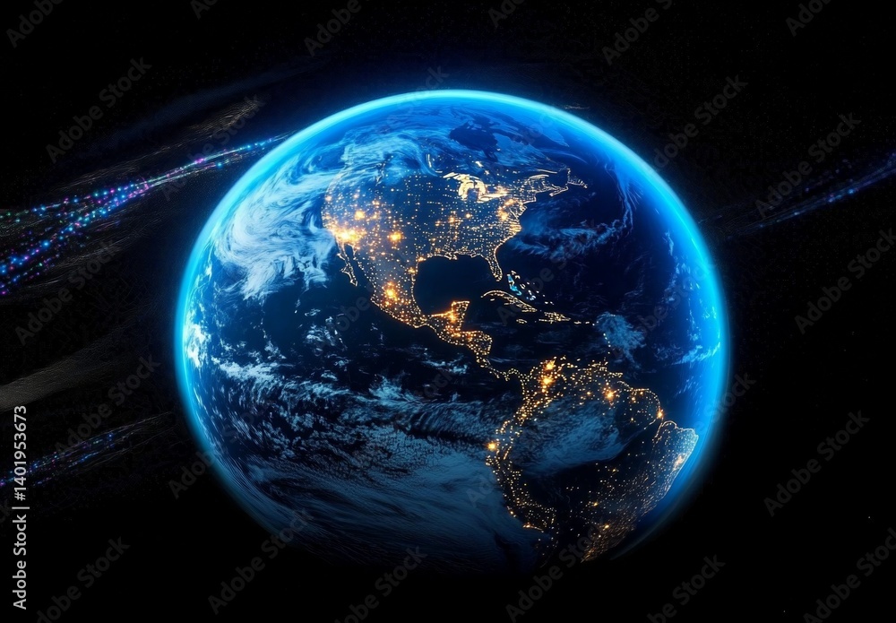 Earth with Global Network Connections and Digital Data Transfer at Night Earth with Global Network Connections and Digital Data Transfer at Night