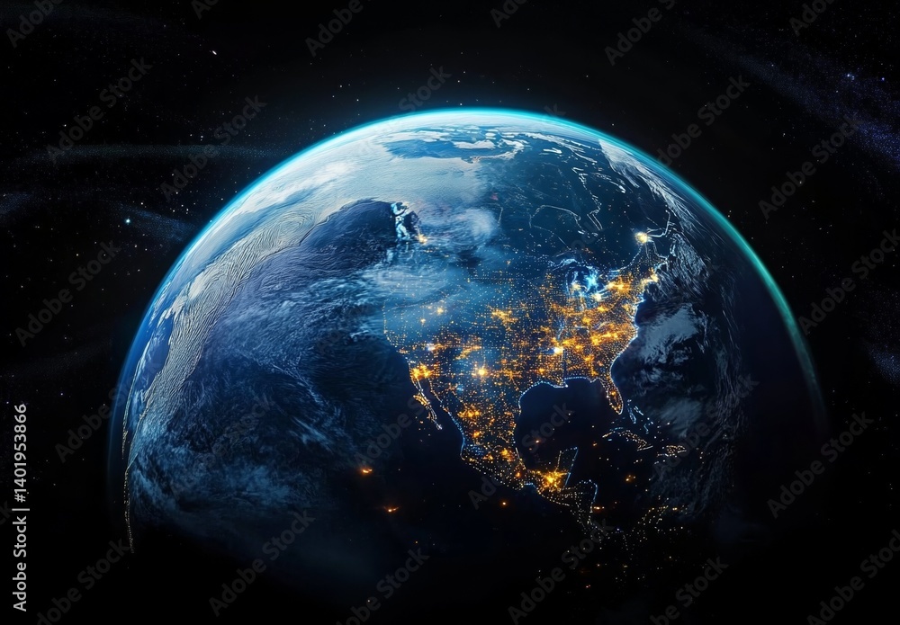 Fototapeta premium Earth with Global Network Connections and Digital Data Transfer at Night