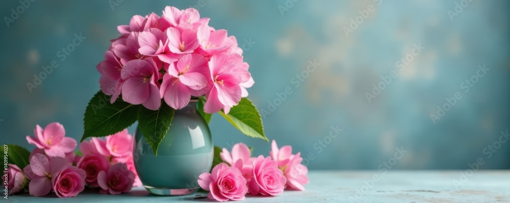 Hydrangea blooms in a vase surrounded by fresh garden flowers, blooming, garden