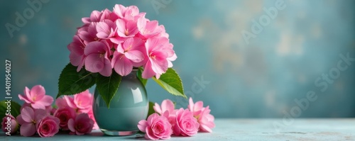 Hydrangea blooms in a vase surrounded by fresh garden flowers, blooming, garden