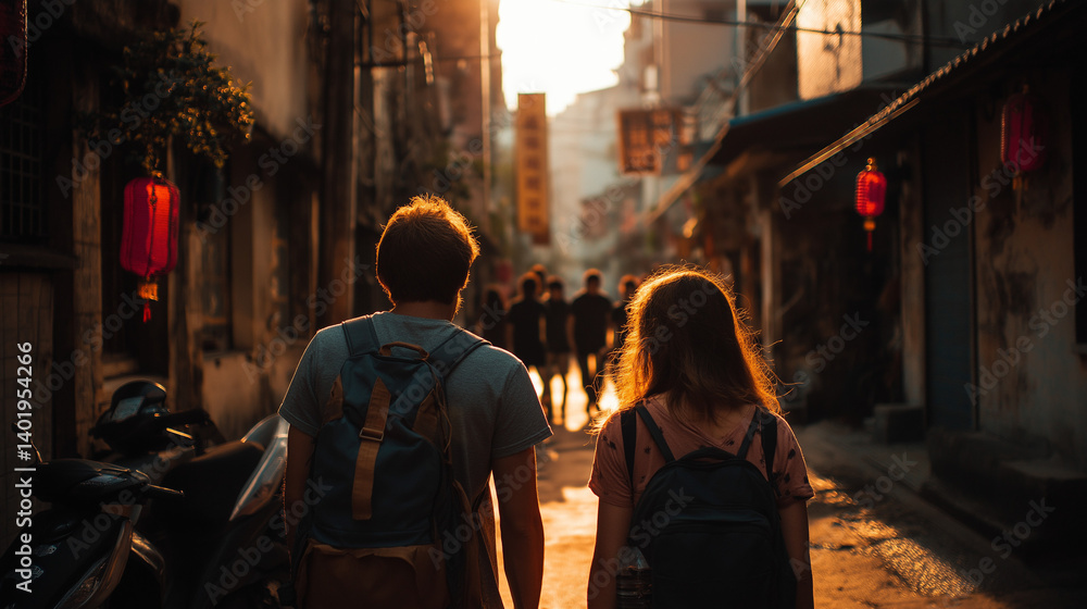 Young Couple Exploring a Hidden Alleyway in a Vibrant City at Sunset Young Couple Exploring a Hidden Alleyway in a Vibrant City at Sunset