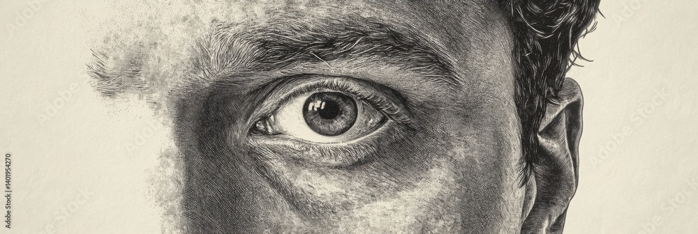 Obraz premium Engraved black and white portrait showcasing a detailed vintage etching style of a man’s expressive eye and face